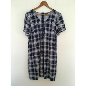 Torrid Womens Challis Tie Up Front Dress Sz 2 Blue White Plaid Short Sleeve